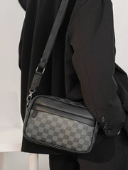Plaid Minimalist Messenger Bag - Structured Small Square Crossbody in Premium Vegan Leather for Men