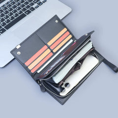 Men’s Large Capacity Business Clutch - All-In-One Zippered Leather Phone Bag & Multi-Function Long Wallet with Wristlet