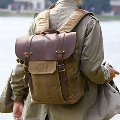 Professional Retro Batik Canvas Camera Backpack — Waterproof Anti-Theft SLR Photography Bag — Large Capacity Laptop & Drone Case with Genuine Leather Accents