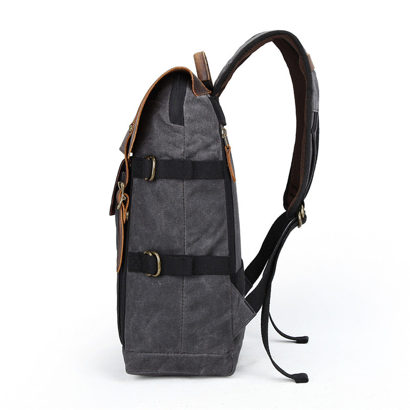 Professional Retro Batik Canvas Camera Backpack — Waterproof Anti-Theft SLR Photography Bag — Large Capacity Laptop & Drone Case with Genuine Leather Accents