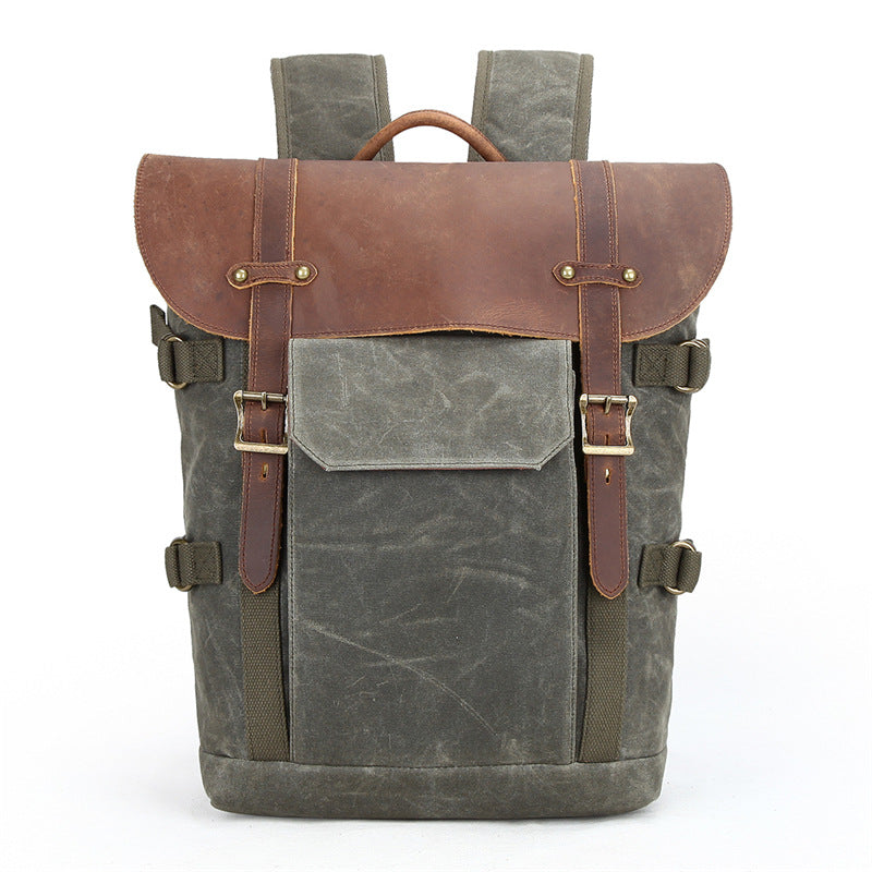 Professional Retro Batik Canvas Camera Backpack — Waterproof Anti-Theft SLR Photography Bag — Large Capacity Laptop & Drone Case with Genuine Leather Accents
