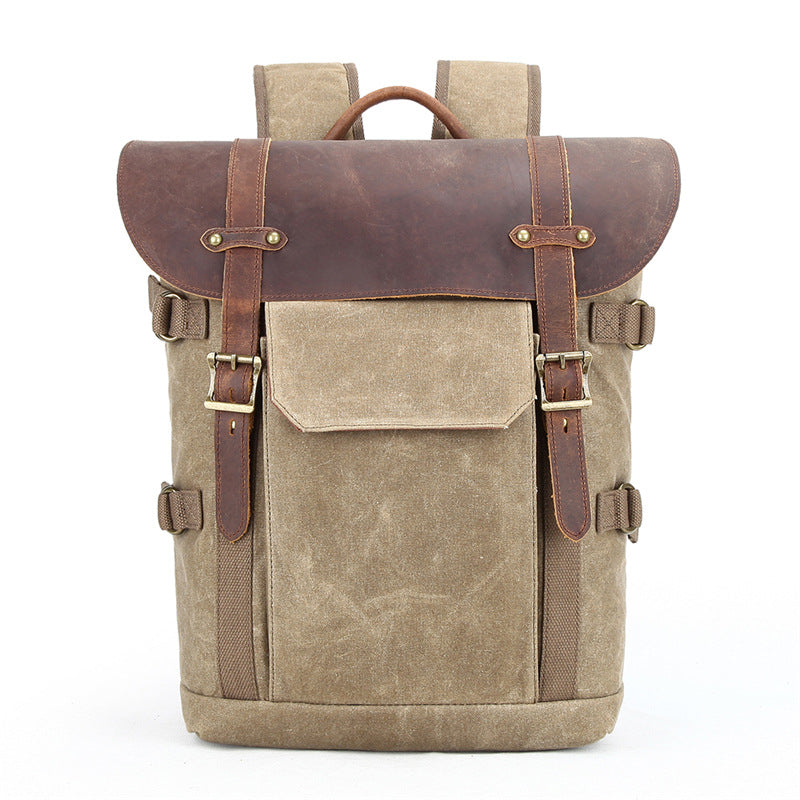 Professional Retro Batik Canvas Camera Backpack — Waterproof Anti-Theft SLR Photography Bag — Large Capacity Laptop & Drone Case with Genuine Leather Accents