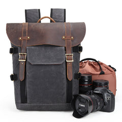 Professional Retro Batik Canvas Camera Backpack — Waterproof Anti-Theft SLR Photography Bag — Large Capacity Laptop & Drone Case with Genuine Leather Accents