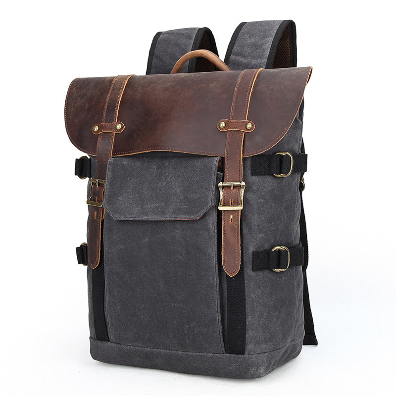 Professional Retro Batik Canvas Camera Backpack — Waterproof Anti-Theft SLR Photography Bag — Large Capacity Laptop & Drone Case with Genuine Leather Accents