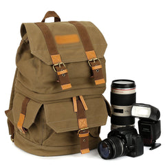 Vintage Waxed Canvas Camera Backpack — Professional Waterproof SLR Photography Bag — Scratch-Resistant Padded Laptop Case with Crazy Horse Leather Accents