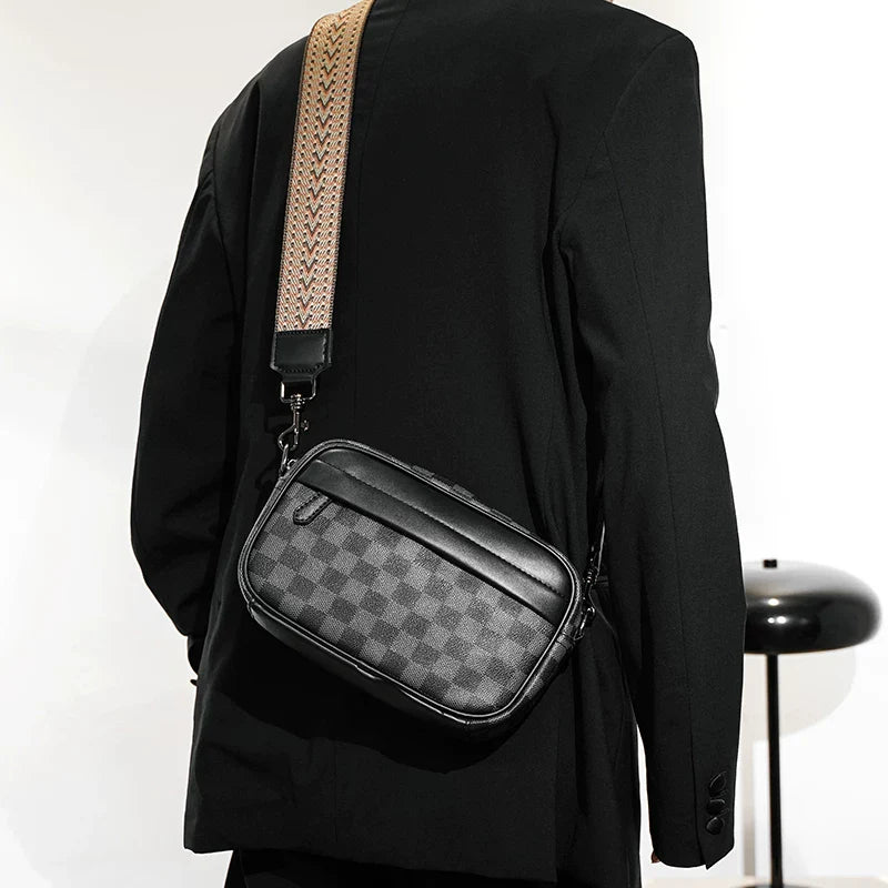 Plaid Minimalist Messenger Bag - Structured Small Square Crossbody in Premium Vegan Leather for Men