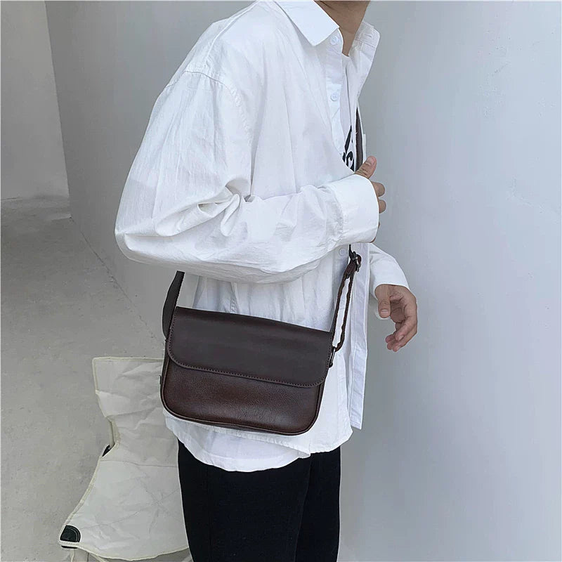 Minimalist Leather Crossbody Bag - Small Square Flip Shoulder Sling for Men & Women