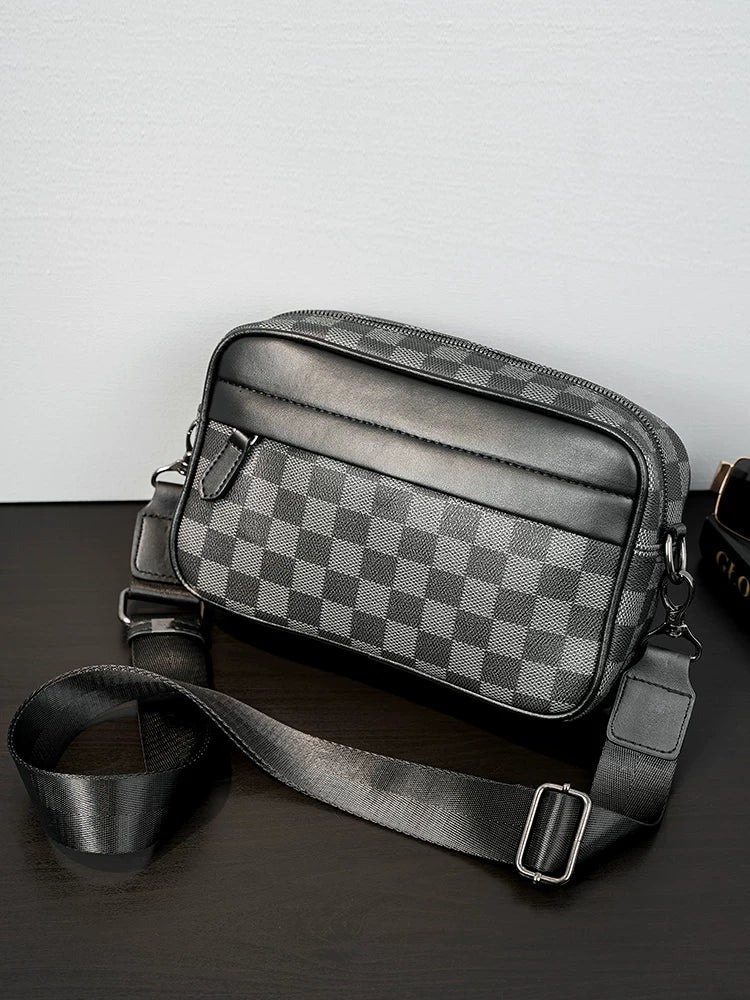 Plaid Minimalist Messenger Bag - Structured Small Square Crossbody in Premium Vegan Leather for Men