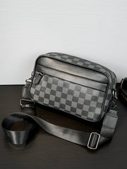 Plaid Minimalist Messenger Bag - Structured Small Square Crossbody in Premium Vegan Leather for Men