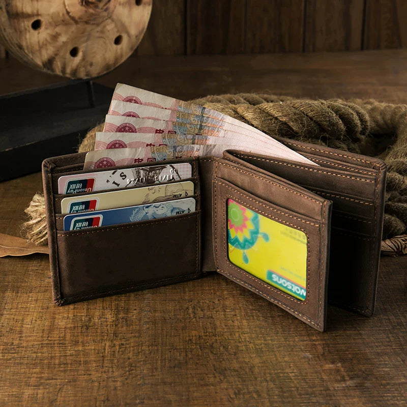 Full Grain Leather Men's Bifold Wallet Slim Horizontal Card Organizer Vintage Style Pocket Wallet