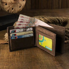 Full Grain Leather Men's Bifold Wallet Slim Horizontal Card Organizer Vintage Style Pocket Wallet