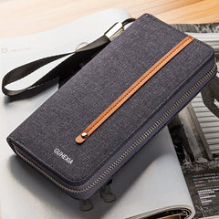 Men's Urban Canvas Long Zipper Clutch - Multi-Functional Smartphone Wallet & High-Capacity Card Organizer - Durable Casual Travel Handbag