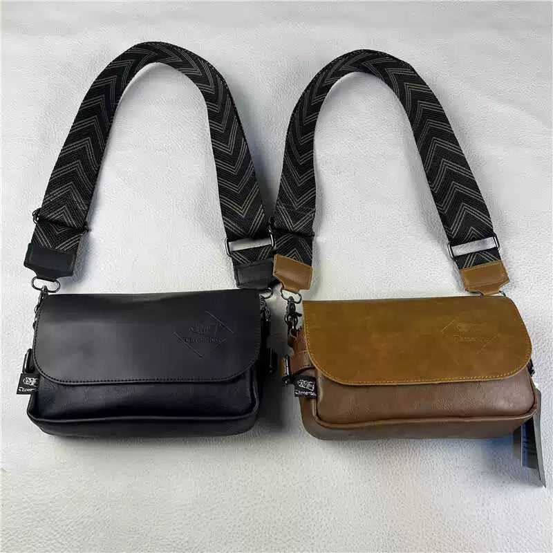 Genuine Leather Texture Messenger Bag for Men Japanese Style Crossbody Shoulder Bag Minimalist Retro Ribbon Small Square Bag
