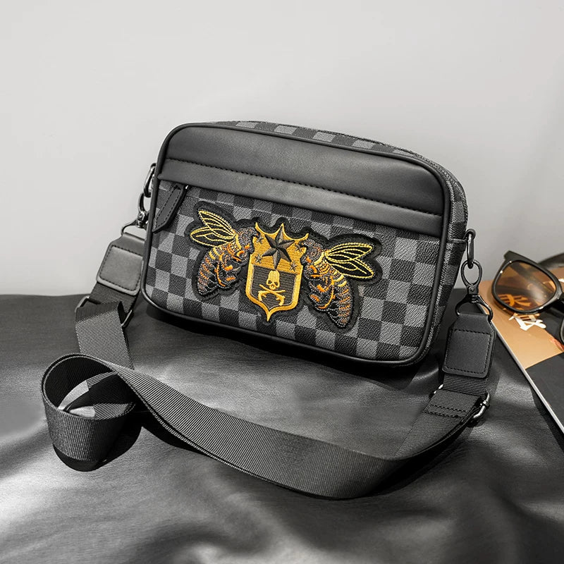 Plaid Minimalist Messenger Bag - Structured Small Square Crossbody in Premium Vegan Leather for Men
