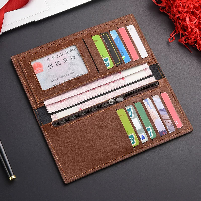 Executive Slim Men's Long Wallet: Saffiano Leather Multi-Card Organizer with Zippered Coin Pocket for Business & Suits