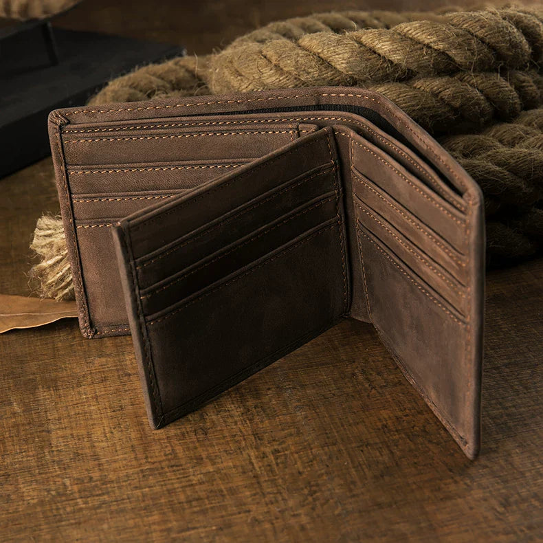 Full Grain Leather Men's Bifold Wallet Slim Horizontal Card Organizer Vintage Style Pocket Wallet