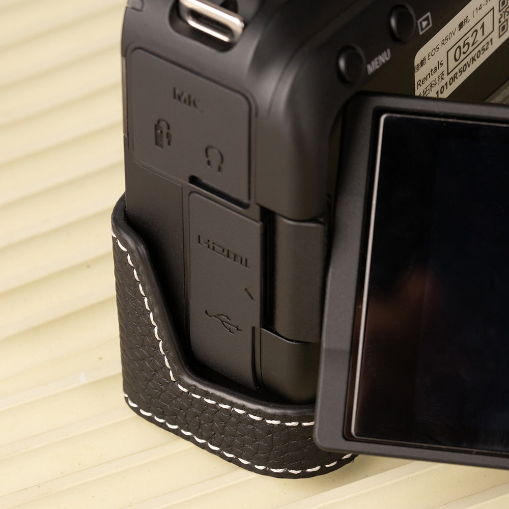 Handmade First-Layer Cowhide Case — Professional Genuine Leather Half Case for Canon EOS R50 — Retro Protective Base with Quick Access