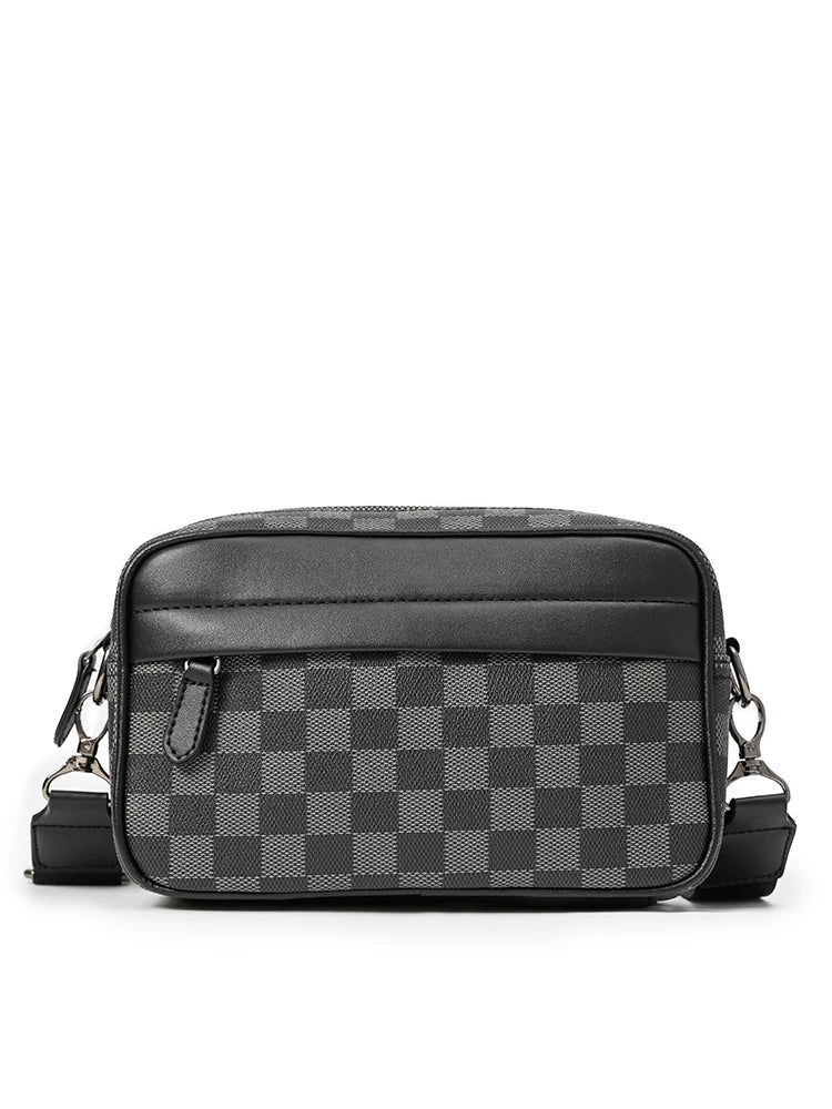 Plaid Minimalist Messenger Bag - Structured Small Square Crossbody in Premium Vegan Leather for Men