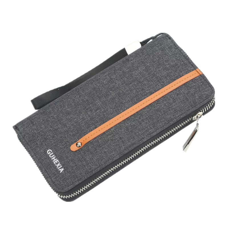 Men's Urban Canvas Long Zipper Clutch - Multi-Functional Smartphone Wallet & High-Capacity Card Organizer - Durable Casual Travel Handbag