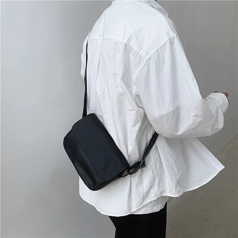 Minimalist Leather Crossbody Bag - Small Square Flip Shoulder Sling for Men & Women