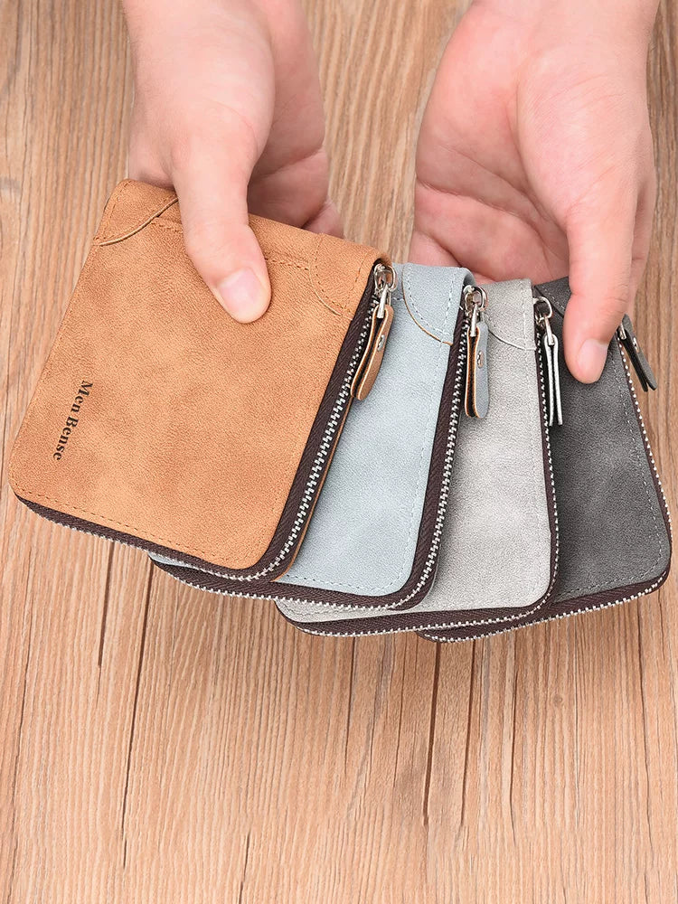Men's Minimalist Short Zipper Wallet: Multi-Functional All-in-One Leather Card Holder for Students & Young Professionals