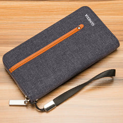 Men's Urban Canvas Long Zipper Clutch - Multi-Functional Smartphone Wallet & High-Capacity Card Organizer - Durable Casual Travel Handbag