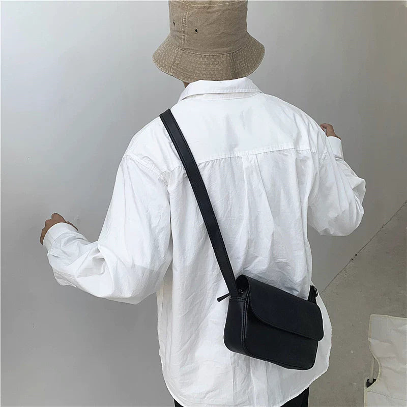 Minimalist Leather Crossbody Bag - Small Square Flip Shoulder Sling for Men & Women