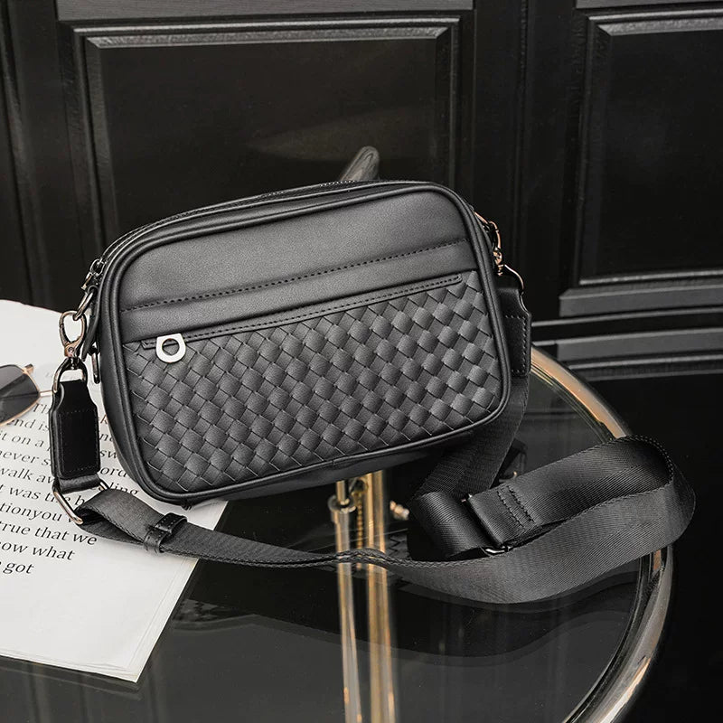 Plaid Minimalist Messenger Bag - Structured Small Square Crossbody in Premium Vegan Leather for Men