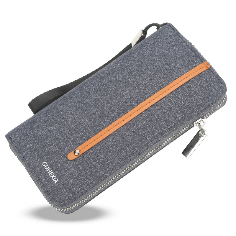 Men's Urban Canvas Long Zipper Clutch - Multi-Functional Smartphone Wallet & High-Capacity Card Organizer - Durable Casual Travel Handbag