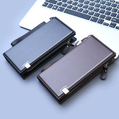 Men’s Large Capacity Business Clutch - All-In-One Zippered Leather Phone Bag & Multi-Function Long Wallet with Wristlet
