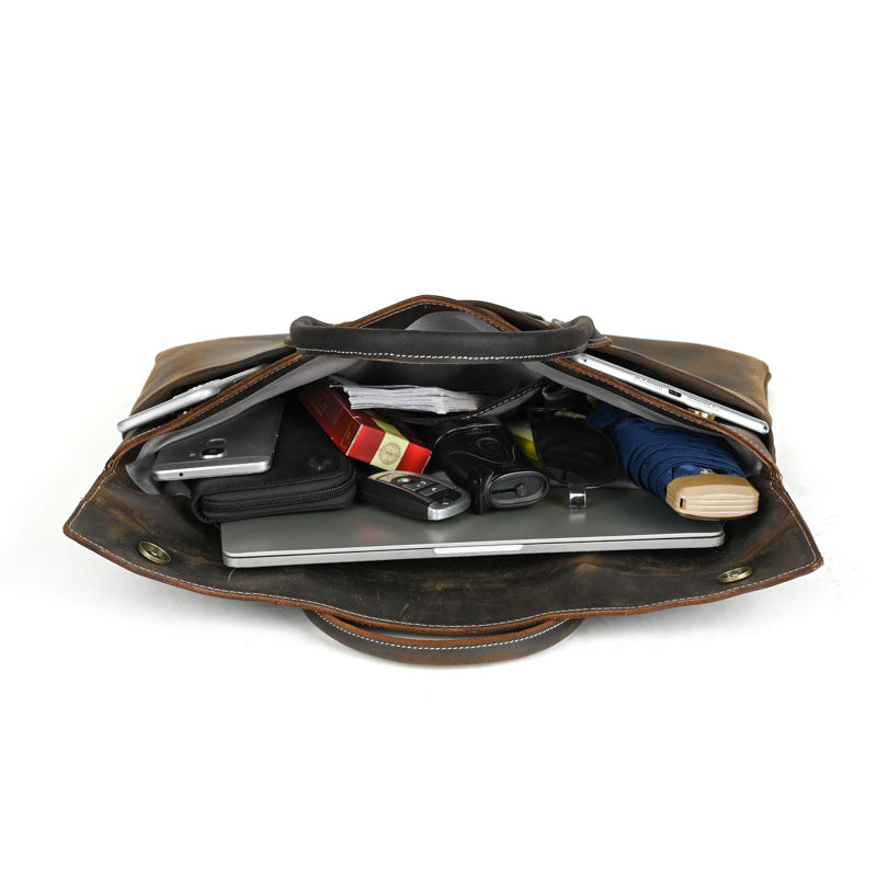 Premium Crazy Horse Leather Briefcase — Professional Full-Grain Cowhide Business Bag — Large Capacity Handheld Computer Tote for Men