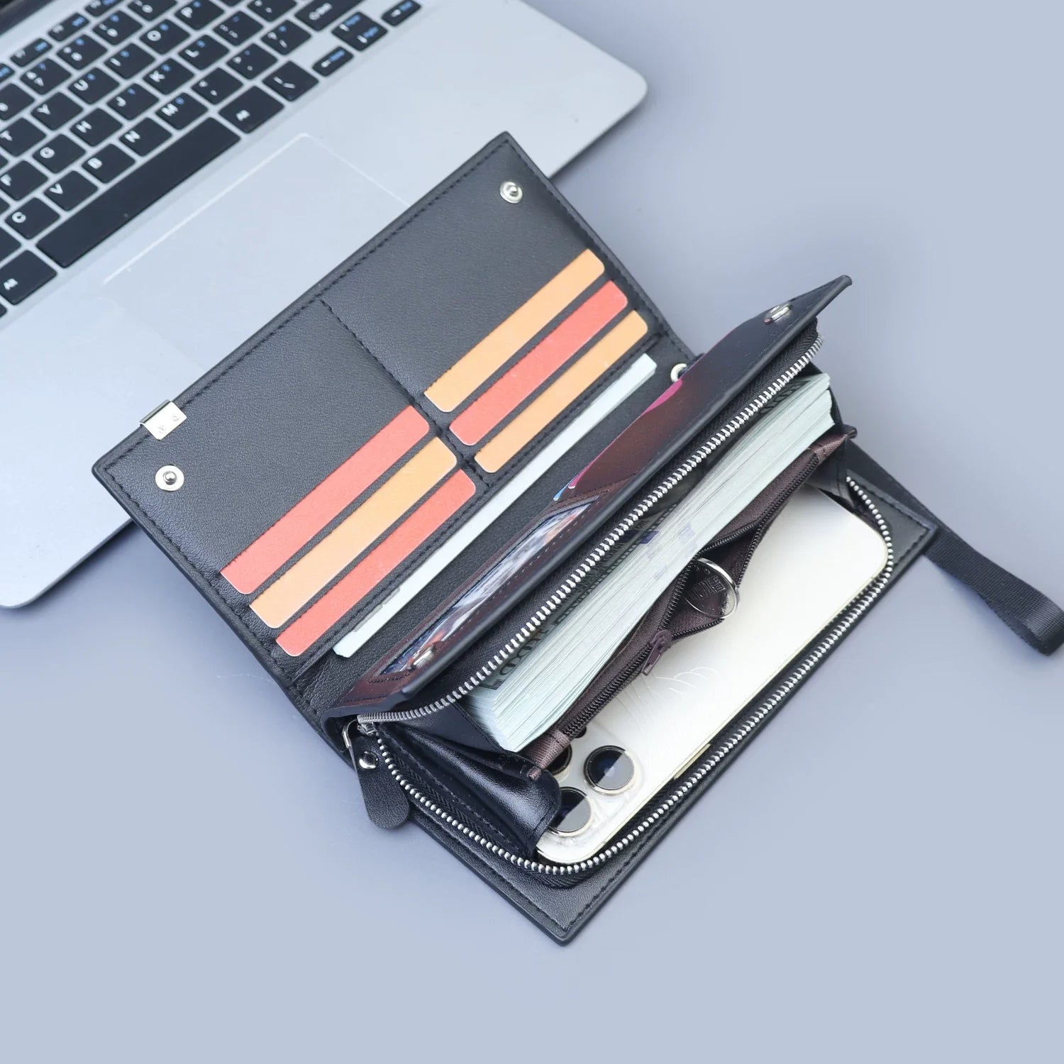 Men’s Large Capacity Business Clutch - All-In-One Zippered Leather Phone Bag & Multi-Function Long Wallet with Wristlet