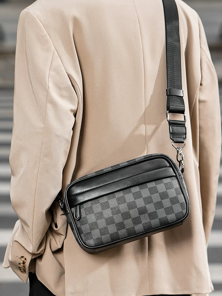 Plaid Minimalist Messenger Bag - Structured Small Square Crossbody in Premium Vegan Leather for Men