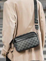 Plaid Minimalist Messenger Bag - Structured Small Square Crossbody in Premium Vegan Leather for Men