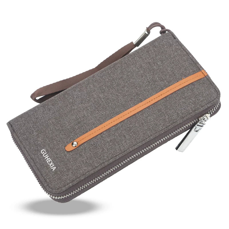 Men's Urban Canvas Long Zipper Clutch - Multi-Functional Smartphone Wallet & High-Capacity Card Organizer - Durable Casual Travel Handbag