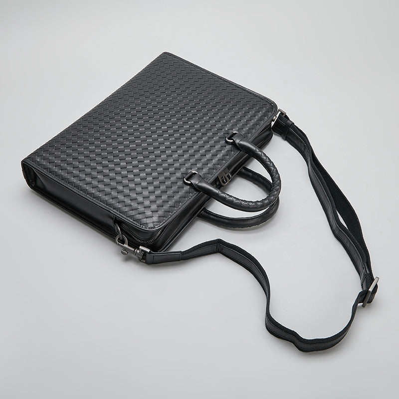 Premium Waxed Full-Grain Leather Briefcase — Hand-Woven Business Shoulder Bag — Luxury First-Layer Cowhide Laptop Tote for Professional Men