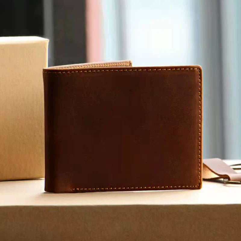 Full Grain Leather Men's Bifold Wallet Slim Horizontal Card Organizer Vintage Style Pocket Wallet