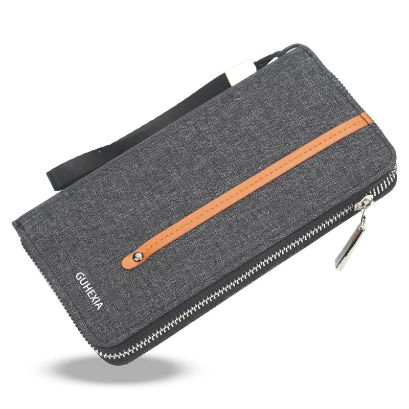 Men's Urban Canvas Long Zipper Clutch - Multi-Functional Smartphone Wallet & High-Capacity Card Organizer - Durable Casual Travel Handbag