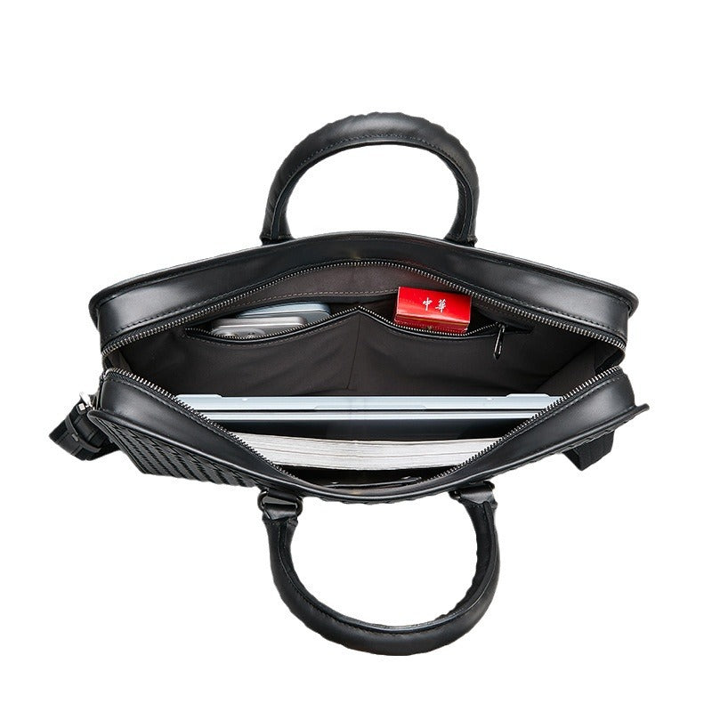 Premium Waxed Full-Grain Leather Briefcase — Hand-Woven Business Shoulder Bag — Luxury First-Layer Cowhide Laptop Tote for Professional Men